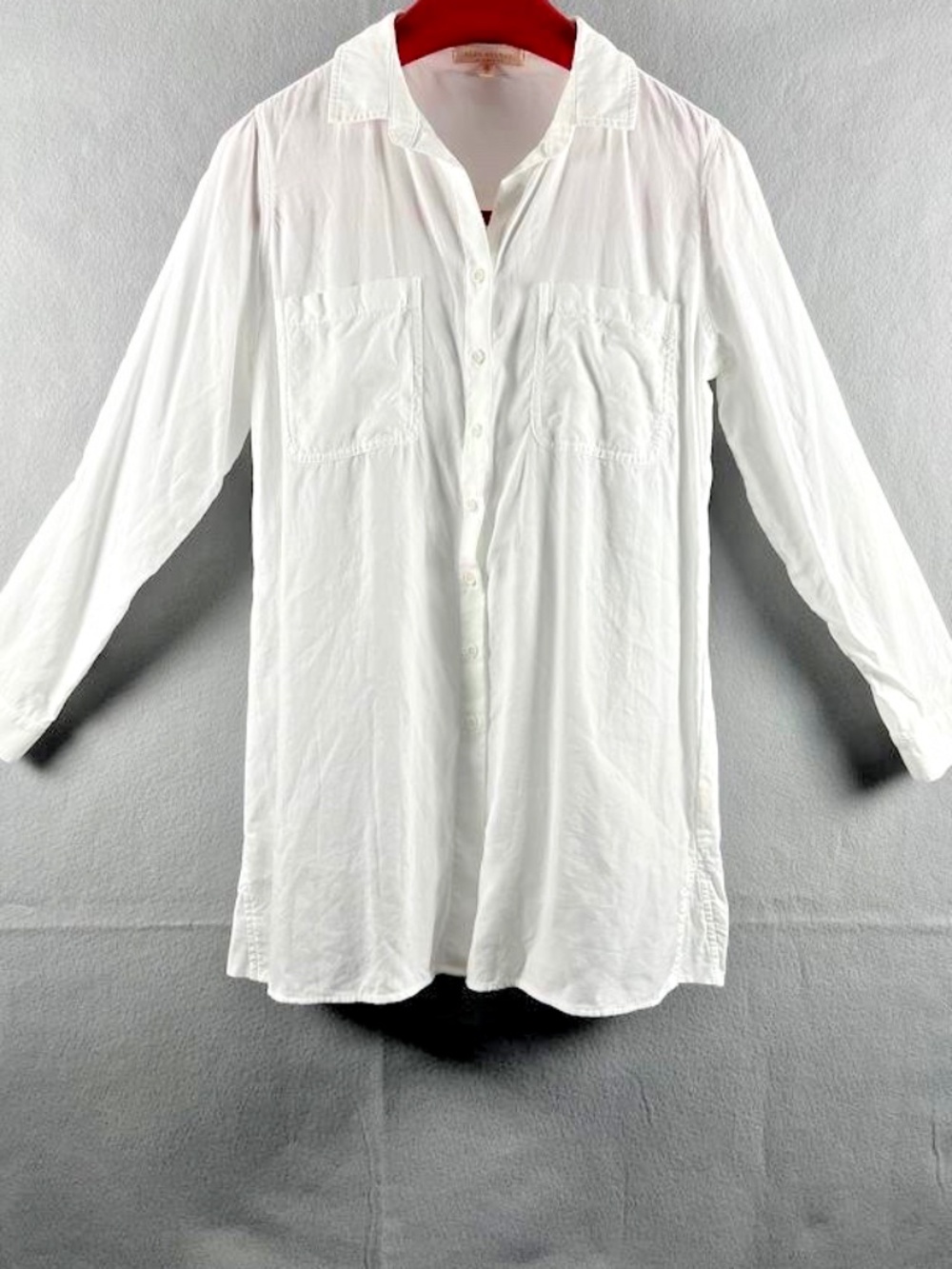 Side Stitch Women's S White Lyocell Blouse Button Front Flowy Roll Tab Sleeves